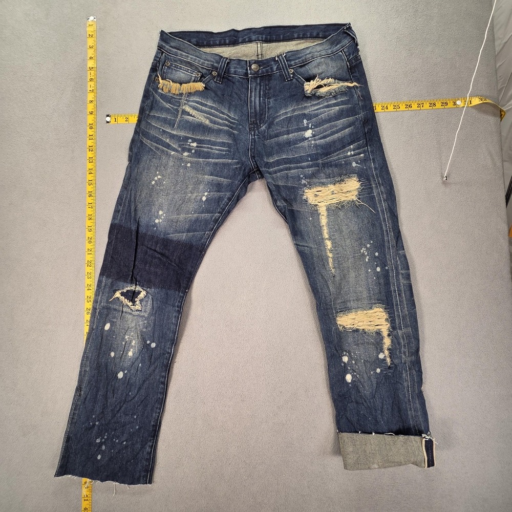 Selvedge Jeans Mens Slim Tapered Thrashed Patched Raw Hem Paint Fits 32x28